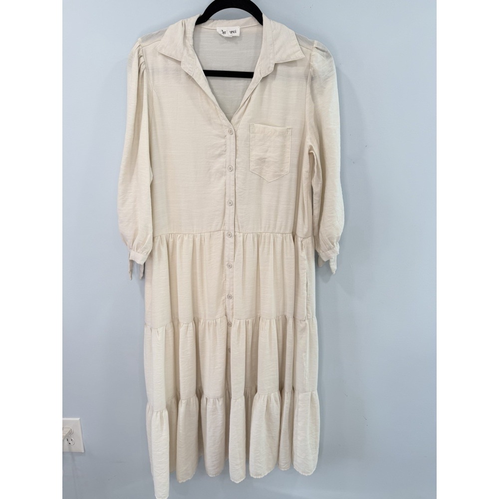 & Merci Ivory Tiered Shirt Dress Medium Boho Button Front Maxi Lined Pockets - Picture 2 of 9